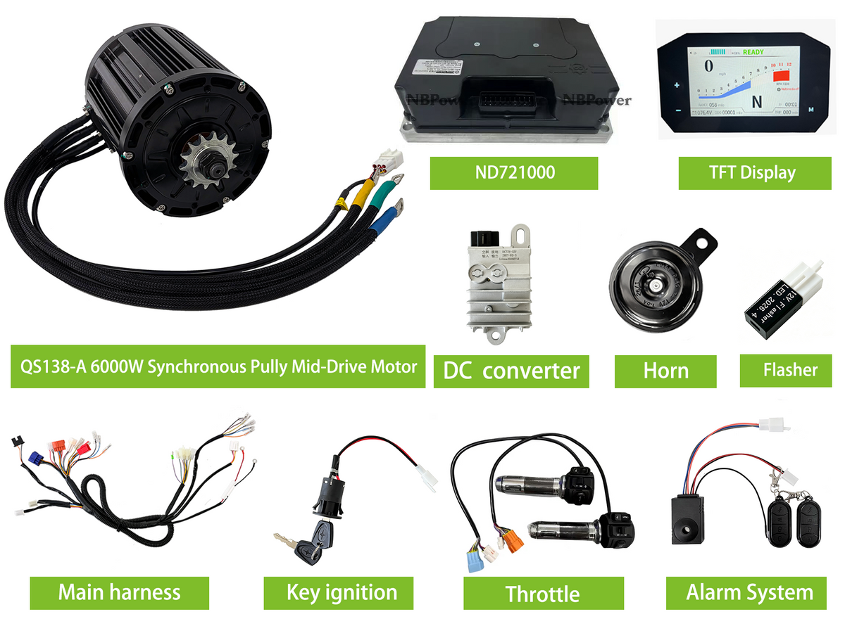 QS138-A 6000W 100H Air-Cooling Mid Drive Motor With Synchronous Pully | FarDriver ND721000 Controller,TFT Display Convention Kit QS Motor
