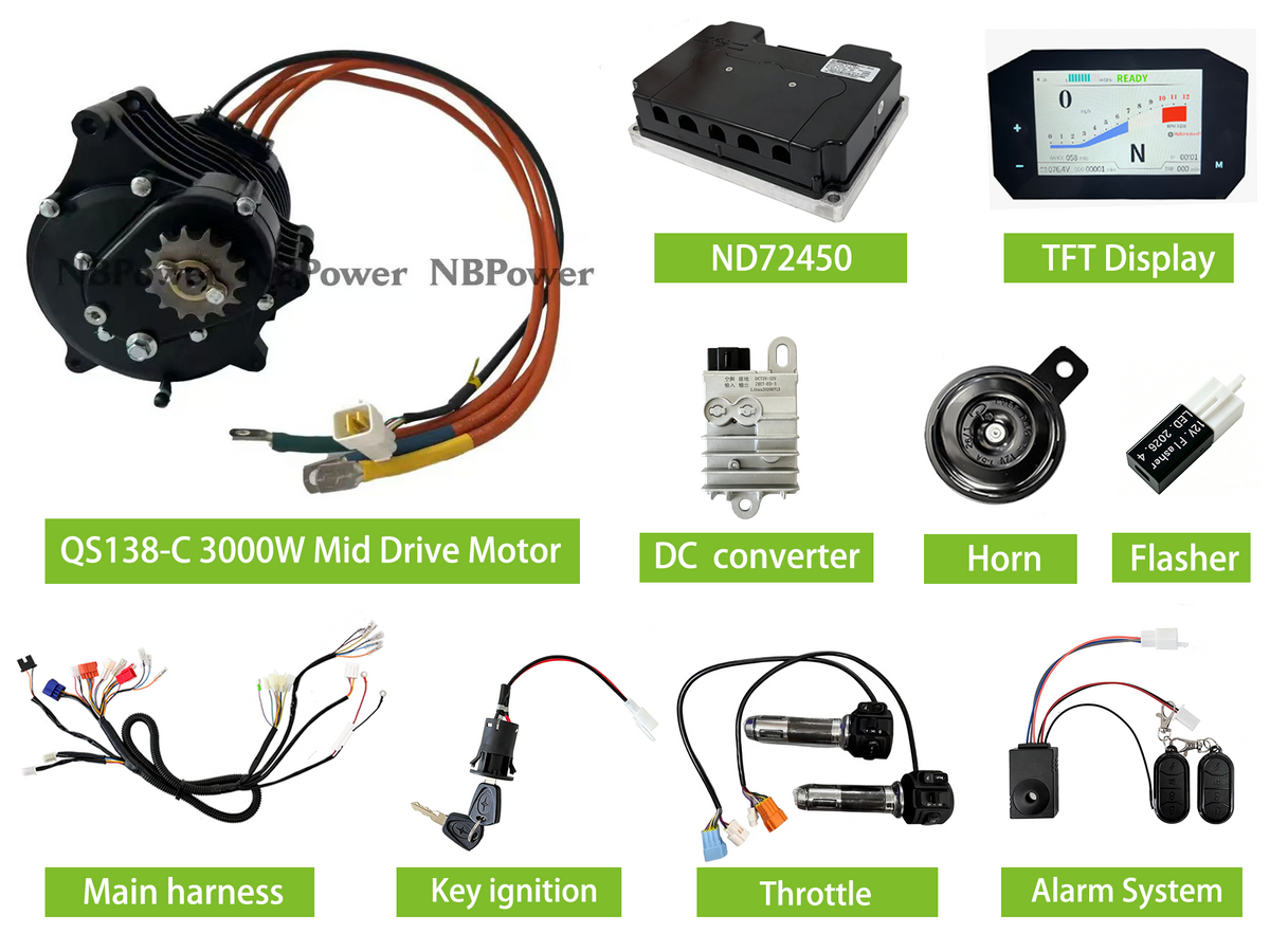 USA Warehouse: QSMOTOR QS138-C 3000W 70H V3 Mid Drive Motor 100KPH Electric 1:2.35 Gearbox Brushless Engine With Fardriver ND72450 Controller,TFT-5 Display Conversion Kit NBPower