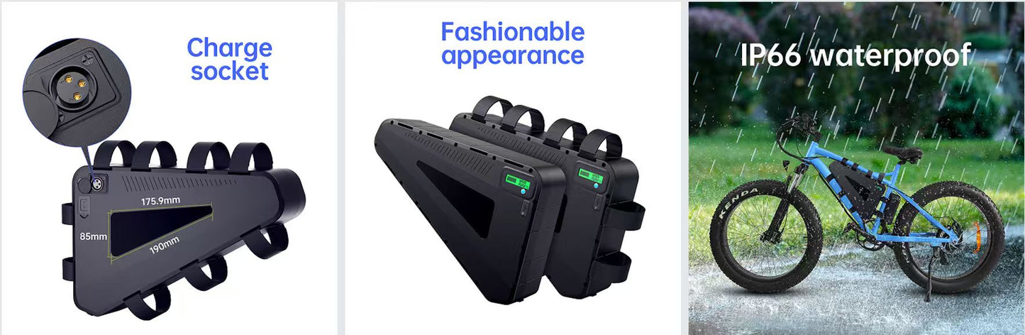 52V 30Ah Triangle Ebike Battery | 50A BMS + 5A Charger | For 2000W–3000W Hub Motor