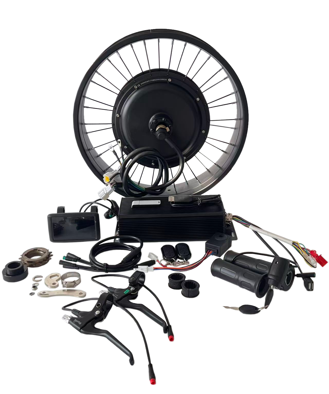 Llanta de 20/24/26*4.0 para neumáticos anchos con puntera trasera de 170-175 mm, motor de 5000 W + controlador Sabvoton de 100 A; pantalla a color UKC1, acelerador de puño con llave y kit de piezas con conectores impermeables